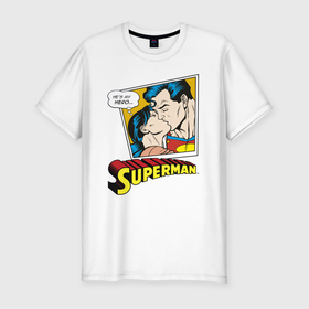 Мужская футболка премиум с принтом He is my hero в Санкт-Петербурге, 92% хлопок, 8% лайкра | приталенный силуэт, круглый вырез ворота, длина до линии бедра, короткий рукав | Тематика изображения на принте: man | steel | superman | vdzajul | супермен | супермэн