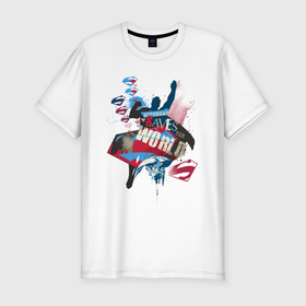 Мужская футболка премиум с принтом Saves the World в Петрозаводске, 92% хлопок, 8% лайкра | приталенный силуэт, круглый вырез ворота, длина до линии бедра, короткий рукав | man | steel | superman | vdzajul | супермен | супермэн