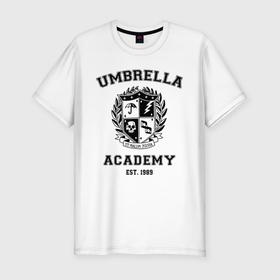 Мужская футболка премиум с принтом The Umbrella Academy в Петрозаводске, 92% хлопок, 8% лайкра | приталенный силуэт, круглый вырез ворота, длина до линии бедра, короткий рукав | the umbrella academy | umbrella | академия амбрелла | амбрелла | герб | зонтик