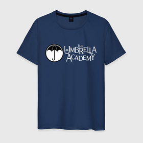 Мужская футболка хлопок с принтом Академия Амбрелла в Санкт-Петербурге, 100% хлопок | прямой крой, круглый вырез горловины, длина до линии бедер, слегка спущенное плечо. | Тематика изображения на принте: the umbrella academy | umbrella | академия амбрелла | амбрелла | герб | зонтик