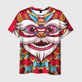 Мужская футболка 3D с принтом Морда Азиатского Льва в Белгороде, 100% полиэфир | прямой крой, круглый вырез горловины, длина до линии бедер | Тематика изображения на принте: азия | китайский лев | лев | танец льва