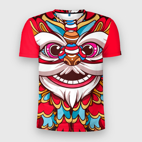 Мужская футболка 3D Slim с принтом Морда Азиатского Льва в Белгороде, 100% полиэстер с улучшенными характеристиками | приталенный силуэт, круглая горловина, широкие плечи, сужается к линии бедра | Тематика изображения на принте: азия | китайский лев | лев | танец льва