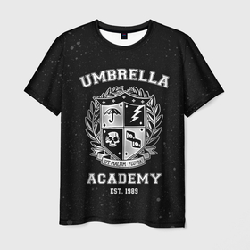 Мужская футболка 3D с принтом Академия Амбрелла в Кировске, 100% полиэфир | прямой крой, круглый вырез горловины, длина до линии бедер | the umbrella academy | umbrella | академия амбрелла | амбрелла | герб | зонтик