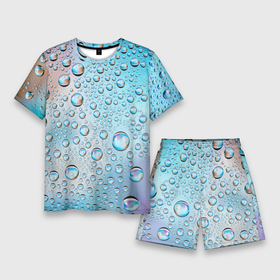 Мужской костюм с шортами 3D с принтом Капли голубой роса стекло вода в Курске,  |  | вода | градиент | для всех | дождь | капли | летний | на каждый день | обычный | окно | поверхность | повседневный | размытость | роса | стекло