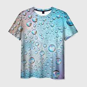 Мужская футболка 3D с принтом Капли голубой роса стекло вода в Белгороде, 100% полиэфир | прямой крой, круглый вырез горловины, длина до линии бедер | Тематика изображения на принте: вода | градиент | для всех | дождь | капли | летний | на каждый день | обычный | окно | поверхность | повседневный | размытость | роса | стекло
