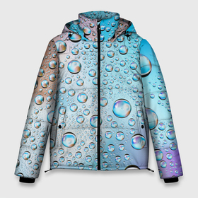 Мужская зимняя куртка 3D с принтом Капли голубой роса стекло вода в Курске, верх — 100% полиэстер; подкладка — 100% полиэстер; утеплитель — 100% полиэстер | длина ниже бедра, свободный силуэт Оверсайз. Есть воротник-стойка, отстегивающийся капюшон и ветрозащитная планка. 

Боковые карманы с листочкой на кнопках и внутренний карман на молнии. | Тематика изображения на принте: вода | градиент | для всех | дождь | капли | летний | на каждый день | обычный | окно | поверхность | повседневный | размытость | роса | стекло