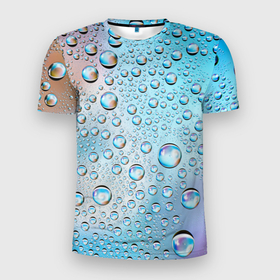 Мужская футболка 3D спортивная с принтом Капли голубой роса стекло вода в Белгороде, 100% полиэстер с улучшенными характеристиками | приталенный силуэт, круглая горловина, широкие плечи, сужается к линии бедра | Тематика изображения на принте: вода | градиент | для всех | дождь | капли | летний | на каждый день | обычный | окно | поверхность | повседневный | размытость | роса | стекло