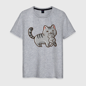 Мужская футболка хлопок с принтом мама кошка с котенком в Тюмени, 100% хлопок | прямой крой, круглый вырез горловины, длина до линии бедер, слегка спущенное плечо. | cat | кот | котенок | котик | кошачьи | кошка | кошки | милая | милый
