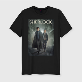 Мужская футболка хлопок Slim с принтом Sherlock в Новосибирске, 92% хлопок, 8% лайкра | приталенный силуэт, круглый вырез ворота, длина до линии бедра, короткий рукав | sherlock | детектив | сериалы | шерлок | шерлок холмс