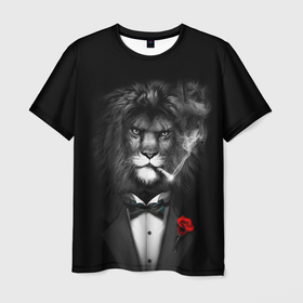 Мужская футболка 3D с принтом Брутальный Лев в Белгороде, 100% полиэфир | прямой крой, круглый вырез горловины, длина до линии бедер | animal | casual | lion | брутал | брутальный | дым | лев | львенок | огонь | роза | смокинг | темный | чб | черно белое | черно белый | черный