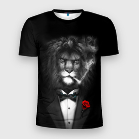Мужская футболка 3D Slim с принтом Брутальный Лев в Санкт-Петербурге, 100% полиэстер с улучшенными характеристиками | приталенный силуэт, круглая горловина, широкие плечи, сужается к линии бедра | animal | casual | lion | брутал | брутальный | дым | лев | львенок | огонь | роза | смокинг | темный | чб | черно белое | черно белый | черный