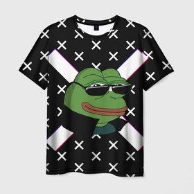 Мужская футболка 3D с принтом Pepe в очках EZ в Белгороде, 100% полиэфир | прямой крой, круглый вырез горловины, длина до линии бедер | ez | glitch | pepe | pepe frog | pepe в очках | silvername | twitch emout | жабка в очках | крестики