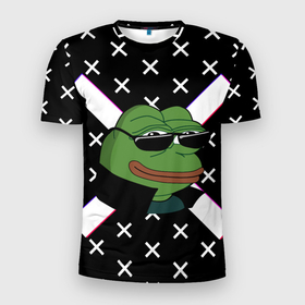 Мужская футболка 3D спортивная с принтом Pepe в очках EZ в Петрозаводске, 100% полиэстер с улучшенными характеристиками | приталенный силуэт, круглая горловина, широкие плечи, сужается к линии бедра | ez | glitch | pepe | pepe frog | pepe в очках | silvername | twitch emout | жабка в очках | крестики