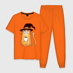 Мужская пижама хлопок с принтом Сердитый котик с кофе в Белгороде, 100% хлопок | брюки и футболка прямого кроя, без карманов, на брюках мягкая резинка на поясе и по низу штанин
 | cat | coffee | grumpy | hot | kitten | kitty | pussycat | witch | ароматный | в колпаке | в шляпе | ведьма | горячий | злой | кот | котик | котэ | кофе | кофеек | кошка | кружка | милый | не выспался | недовольный | прикол | сердитый