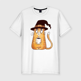 Мужская футболка хлопок Slim с принтом Сердитый котик с кофе в Петрозаводске, 92% хлопок, 8% лайкра | приталенный силуэт, круглый вырез ворота, длина до линии бедра, короткий рукав | cat | coffee | grumpy | hot | kitten | kitty | pussycat | witch | ароматный | в колпаке | в шляпе | ведьма | горячий | злой | кот | котик | котэ | кофе | кофеек | кошка | кружка | милый | не выспался | недовольный | прикол | сердитый