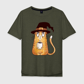 Мужская футболка хлопок Oversize с принтом Сердитый котик с кофе , 100% хлопок | свободный крой, круглый ворот, “спинка” длиннее передней части | cat | coffee | grumpy | hot | kitten | kitty | pussycat | witch | ароматный | в колпаке | в шляпе | ведьма | горячий | злой | кот | котик | котэ | кофе | кофеек | кошка | кружка | милый | не выспался | недовольный | прикол | сердитый