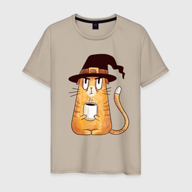 Мужская футболка хлопок с принтом Сердитый котик с кофе в Екатеринбурге, 100% хлопок | прямой крой, круглый вырез горловины, длина до линии бедер, слегка спущенное плечо. | Тематика изображения на принте: cat | coffee | grumpy | hot | kitten | kitty | pussycat | witch | ароматный | в колпаке | в шляпе | ведьма | горячий | злой | кот | котик | котэ | кофе | кофеек | кошка | кружка | милый | не выспался | недовольный | прикол | сердитый