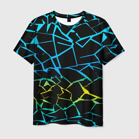 Мужская футболка 3D с принтом НЕОНОВЫЙ ГРАДИЕНТ в Новосибирске, 100% полиэфир | прямой крой, круглый вырез горловины, длина до линии бедер | геометрия | градиент | лед | молнии | неон | пестрый | полосы | разлом | синий | спортивный | стекло | текстура