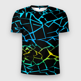 Мужская футболка 3D спортивная с принтом НЕОНОВЫЙ ГРАДИЕНТ в Белгороде, 100% полиэстер с улучшенными характеристиками | приталенный силуэт, круглая горловина, широкие плечи, сужается к линии бедра | геометрия | градиент | лед | молнии | неон | пестрый | полосы | разлом | синий | спортивный | стекло | текстура