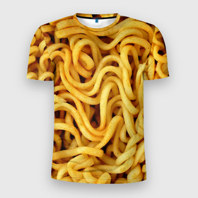 Мужская футболка 3D спортивная с принтом Лапша в Екатеринбурге, 100% полиэстер с улучшенными характеристиками | приталенный силуэт, круглая горловина, широкие плечи, сужается к линии бедра | Тематика изображения на принте: доширак | еда | желтый | лапша | пища