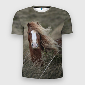 Мужская футболка 3D Slim с принтом Конь в Екатеринбурге, 100% полиэстер с улучшенными характеристиками | приталенный силуэт, круглая горловина, широкие плечи, сужается к линии бедра | животные | звери | кони | конь | коняшка | лошади | лошадка | лошадь | пони | природа