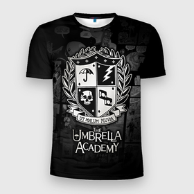 Мужская футболка 3D спортивная с принтом Академия Амбрелла , 100% полиэстер с улучшенными характеристиками | приталенный силуэт, круглая горловина, широкие плечи, сужается к линии бедра | Тематика изображения на принте: the umbrella academy | umbrella | академия амбрелла | амбрелла | герб | зонтик | комиксы