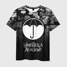 Мужская футболка 3D с принтом Академия Амбрелла в Белгороде, 100% полиэфир | прямой крой, круглый вырез горловины, длина до линии бедер | the umbrella academy | umbrella | академия амбрелла | амбрелла | герб | зонтик | комиксы
