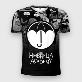Мужская футболка 3D спортивная с принтом Академия Амбрелла в Белгороде, 100% полиэстер с улучшенными характеристиками | приталенный силуэт, круглая горловина, широкие плечи, сужается к линии бедра | the umbrella academy | umbrella | академия амбрелла | амбрелла | герб | зонтик | комиксы