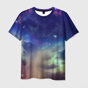 Мужская футболка 3D с принтом Космическое сияние , 100% полиэфир | прямой крой, круглый вырез горловины, длина до линии бедер | арт | желтый | звёзды | зелёный | космос | красный | облако | оранжевый | синий | сияние | фиолетовый | яркие цвета