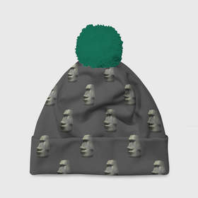Шапка 3D c помпоном с принтом Голова с острова Пасхи в Тюмени, 100% полиэстер | универсальный размер, печать по всей поверхности изделия | моаи | эмодзи