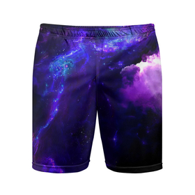 Мужские шорты спортивные с принтом Космическое небо ,  |  | арт | звёзды | иний | космос | облако | розовый | сияние | тёмный | туманность | фиолоетовый | черный | яркие цвета