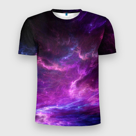 Мужская футболка 3D спортивная с принтом Космическое небо в Белгороде, 100% полиэстер с улучшенными характеристиками | приталенный силуэт, круглая горловина, широкие плечи, сужается к линии бедра | Тематика изображения на принте: арт | звёзды | космос | облако | розовый | синий | сияние | туманность | фиолетовый | яркие цвета