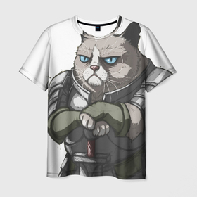 Мужская футболка 3D с принтом Grumpy Cat в Белгороде, 100% полиэфир | прямой крой, круглый вырез горловины, длина до линии бедер | grumpy cat | грустный кот | доспехи | кот | кот в доспехах | кот воин | кот рыцарь | суровый кот