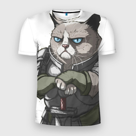 Мужская футболка 3D спортивная с принтом Grumpy Cat в Санкт-Петербурге, 100% полиэстер с улучшенными характеристиками | приталенный силуэт, круглая горловина, широкие плечи, сужается к линии бедра | grumpy cat | грустный кот | доспехи | кот | кот в доспехах | кот воин | кот рыцарь | суровый кот