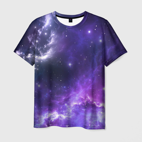 Мужская футболка 3D с принтом Космическое небо в Новосибирске, 100% полиэфир | прямой крой, круглый вырез горловины, длина до линии бедер | Тематика изображения на принте: арт | белый | бирюзовый | звёзды | космос | облако | розовый | синий | сияние | тёмный | туманность | фиолетовый | яркие цвета