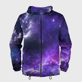 Мужская ветровка 3D с принтом Космическое небо в Белгороде, 100% полиэстер | подол и капюшон оформлены резинкой с фиксаторами, два кармана без застежек по бокам, один потайной карман на груди | арт | белый | бирюзовый | звёзды | космос | облако | розовый | синий | сияние | тёмный | туманность | фиолетовый | яркие цвета