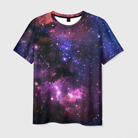 Мужская футболка 3D с принтом Космическое небо в Петрозаводске, 100% полиэфир | прямой крой, круглый вырез горловины, длина до линии бедер | арт | звёзды | космос | красный | облако | розовый | синий | сияние | темный | туманность | фиолетовый | яркие цвета