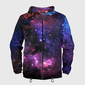 Мужская ветровка 3D с принтом Космическое небо в Белгороде, 100% полиэстер | подол и капюшон оформлены резинкой с фиксаторами, два кармана без застежек по бокам, один потайной карман на груди | арт | звёзды | космос | красный | облако | розовый | синий | сияние | темный | туманность | фиолетовый | яркие цвета