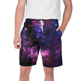 Мужские шорты 3D с принтом Космическое небо в Тюмени,  полиэстер 100% | прямой крой, два кармана без застежек по бокам. Мягкая трикотажная резинка на поясе, внутри которой широкие завязки. Длина чуть выше колен | арт | звёзды | космос | красный | облако | розовый | синий | сияние | темный | туманность | фиолетовый | яркие цвета