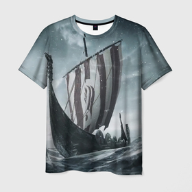 Мужская футболка 3D с принтом Викинги в Кировске, 100% полиэфир | прямой крой, круглый вырез горловины, длина до линии бедер | vikings | викинги | драккар | корабль | море