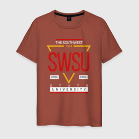 Мужская футболка хлопок с принтом SWSU в Тюмени, 100% хлопок | прямой крой, круглый вырез горловины, длина до линии бедер, слегка спущенное плечо. | swsu | the southwest state university | курск | студенту | студенты | универ | университеты | универы | юго западный государственный университет | юзгу