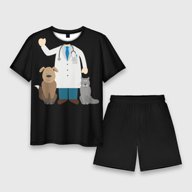 Мужской костюм с шортами 3D с принтом Я   ветеринар в Санкт-Петербурге,  |  | cat | dog | veterinarian | айболит | ветеринар | гав | доктор | животные | кошка | лечение | медицина | мяу | потерялся | собака | спасение | чиби | шарж | я люблю животных