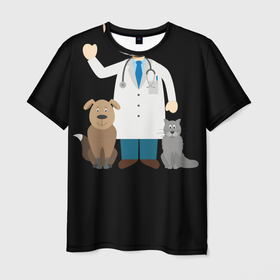 Мужская футболка 3D с принтом Я   ветеринар в Екатеринбурге, 100% полиэфир | прямой крой, круглый вырез горловины, длина до линии бедер | cat | dog | veterinarian | айболит | ветеринар | гав | доктор | животные | кошка | лечение | медицина | мяу | потерялся | собака | спасение | чиби | шарж | я люблю животных