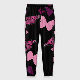 Мужские брюки 3D с принтом Розовые бабочки в Екатеринбурге, 100% полиэстер | манжеты по низу, эластичный пояс регулируется шнурком, по бокам два кармана без застежек, внутренняя часть кармана из мелкой сетки | бабочка | бабочки | розовый | чёрный