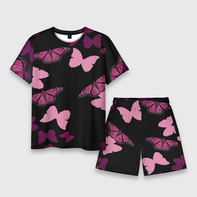 Мужской костюм с шортами 3D с принтом Розовые бабочки в Курске,  |  | бабочка | бабочки | розовый | чёрный