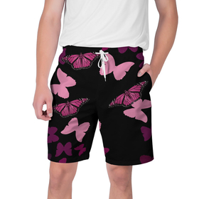 Мужские шорты 3D с принтом Розовые бабочки в Новосибирске,  полиэстер 100% | прямой крой, два кармана без застежек по бокам. Мягкая трикотажная резинка на поясе, внутри которой широкие завязки. Длина чуть выше колен | бабочка | бабочки | розовый | чёрный