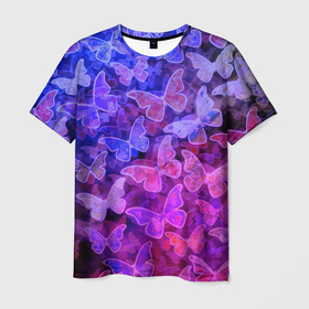 Мужская футболка 3D с принтом Стеклянный рой , 100% полиэфир | прямой крой, круглый вырез горловины, длина до линии бедер | бабочка | бабочки | зелёный | красный чёрный | розовый | синий | фиолетовый | черный