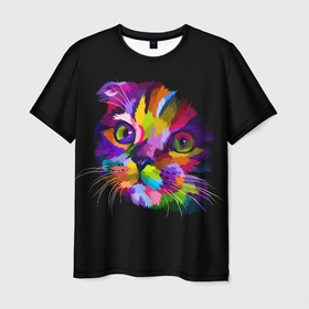 Мужская футболка 3D с принтом РАДУЖНЫЙ КОТЕНОК в Тюмени, 100% полиэфир | прямой крой, круглый вырез горловины, длина до линии бедер | Тематика изображения на принте: голова | животные | киса | кот | котенок | кошка | красивый | мило | милый | мордочка | радужный