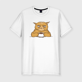 Мужская футболка премиум с принтом Grumpy Cat Coffee в Белгороде, 92% хлопок, 8% лайкра | приталенный силуэт, круглый вырез ворота, длина до линии бедра, короткий рукав | Тематика изображения на принте: cat | coffee | grumpy | hot | kitten | kitty | pussycat | ароматный | горячий | грампи | злой | киса | кот | котик | котэ | кофе | кофеек | кошка | кружка | милый | не выспался | недовольный | прикол | сердитый | сонный | чашка