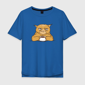Мужская футболка хлопок Oversize с принтом Grumpy Cat Coffee в Белгороде, 100% хлопок | свободный крой, круглый ворот, “спинка” длиннее передней части | cat | coffee | grumpy | hot | kitten | kitty | pussycat | ароматный | горячий | грампи | злой | киса | кот | котик | котэ | кофе | кофеек | кошка | кружка | милый | не выспался | недовольный | прикол | сердитый | сонный | чашка